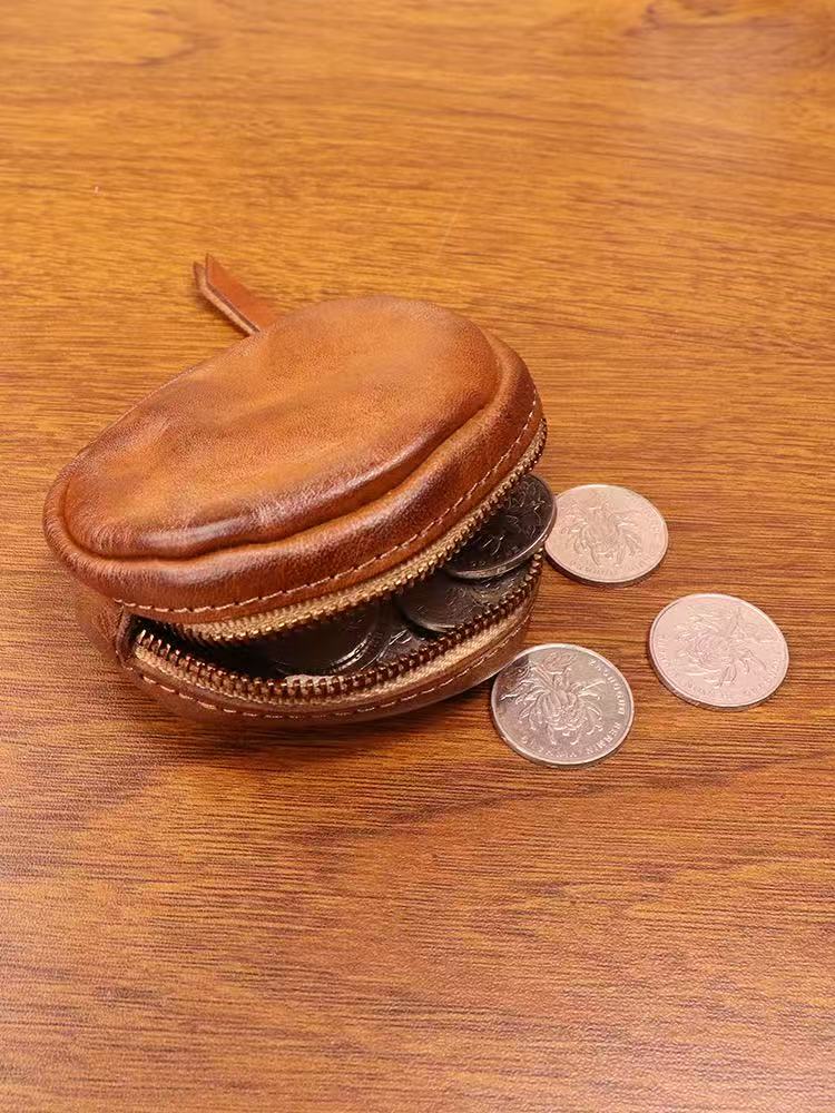Round Coin Purse cowhide Storage Change Small Bag