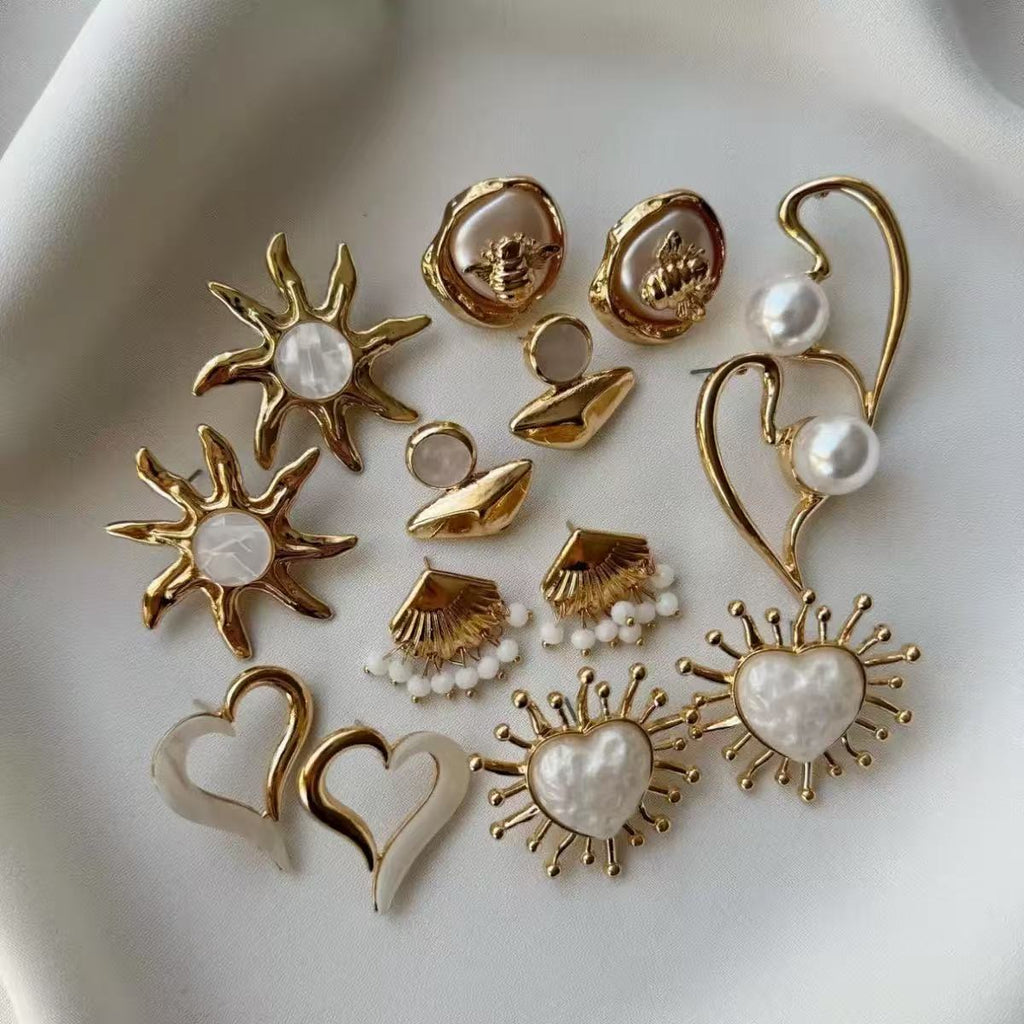 Earrings women alloy earrings suit silver geometric stylish exaggerated earrings inlaid with pearl earrings