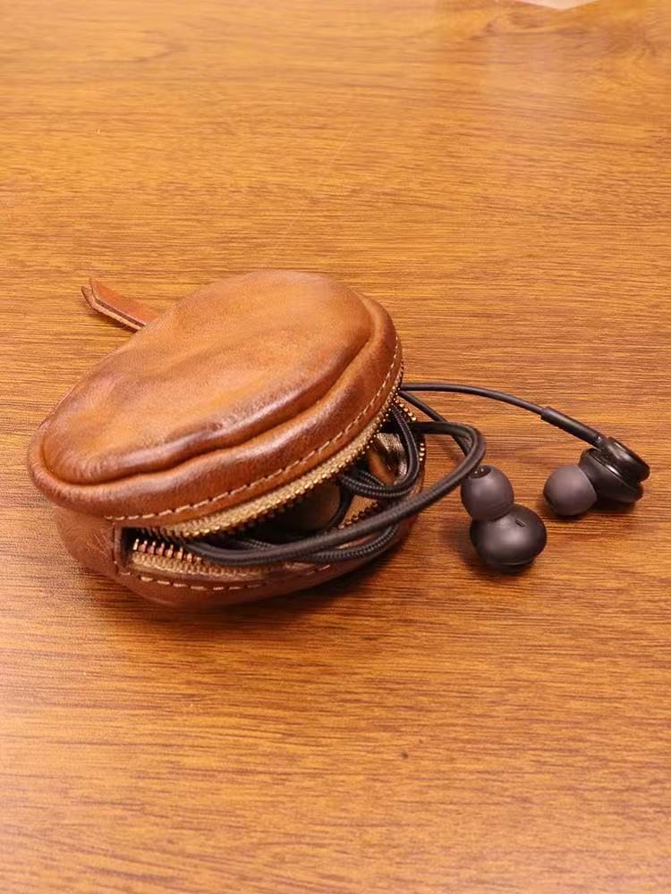 Round Coin Purse cowhide Storage Change Small Bag