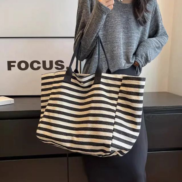 キャンバストートバッグ レディース ストライプ 大容量 レイジースタイル ショルダー クロスボディ 手持ち ママトート キャンバス